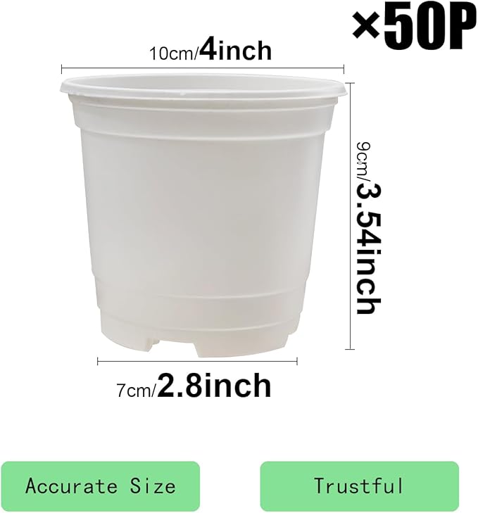 10CM White Seedling Pots 4 inch New Material Planter Pots 50 Pcs, Soft and Sturdy Bottom Transplanting Pots with 50Pcs Screen Pads(50Pcs,4Inch,White