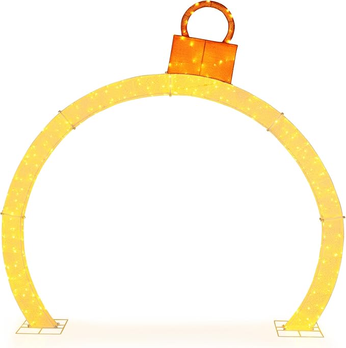 Tangkula 10.5 FT Outdoor Christmas Lighted Archway with Gold Ornament Cap, 300 Warm White LED Lights, Zip Ties & Stakes, Holiday Xmas Yard Decorations