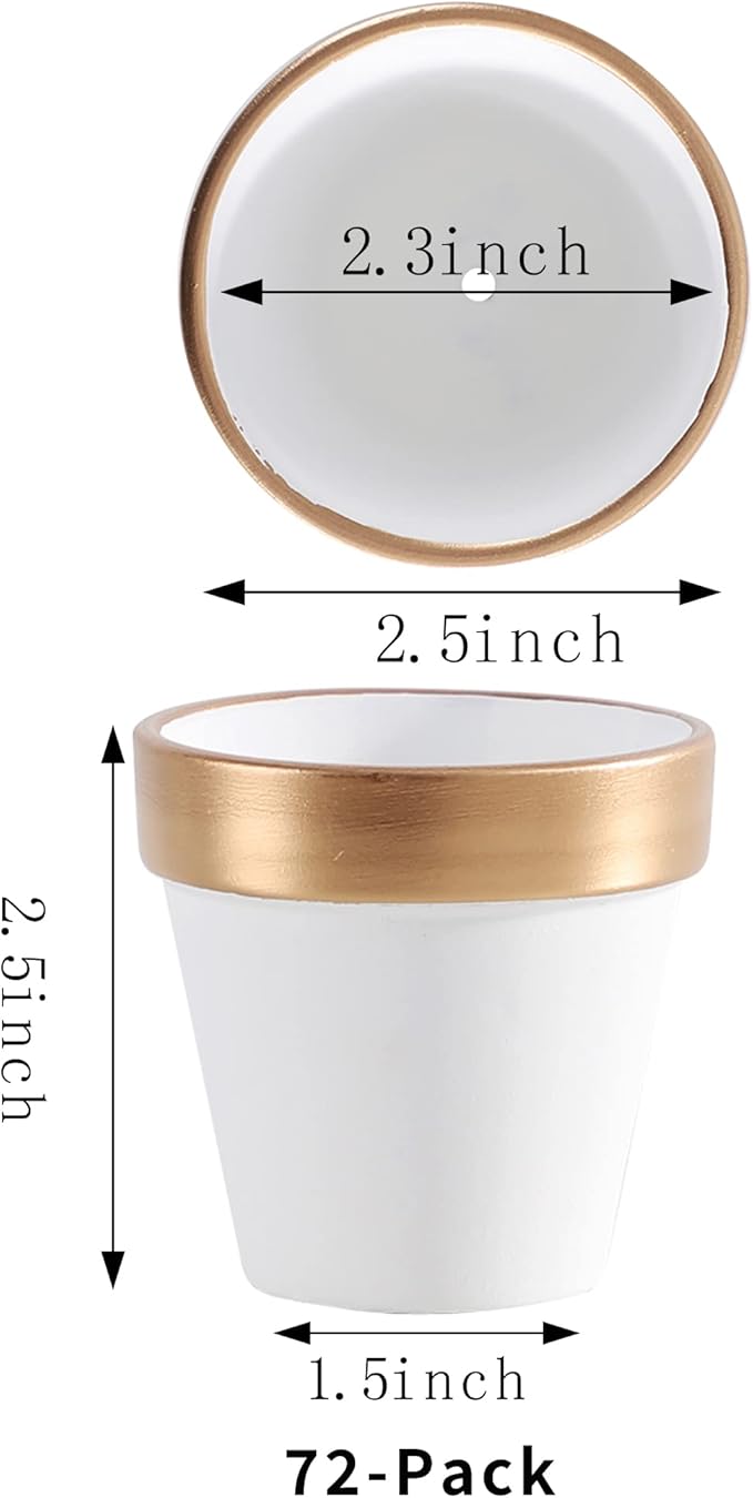 Yishang 72 pcs Small Mini White&Gold Clay Pots, 2.5'' Terracotta Pot Clay Ceramic Pottery Planter,Cactus Flower Terra Cotta Pots,Succulents Nursery Pots,with Drainage Hole,for Crafts,Wedding Favor