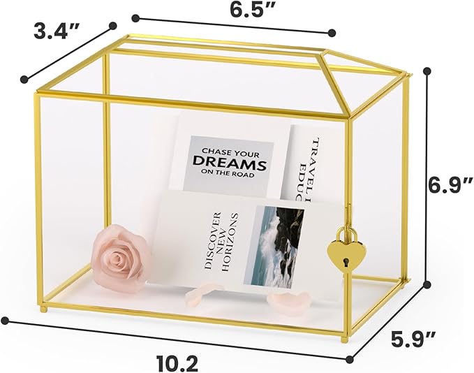 Wedding Card Box with Slot and Lock for Wedding Reception - Birthdays Party Card Holder, Home Geometric Decorative, Clear Gold Terrarium (Gold) 10.2" x 5.9" x 7.9"