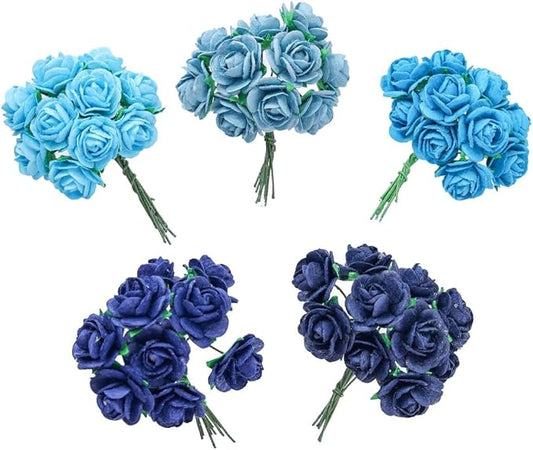 Handmade Mini Mulberry Paper Roses 18 mm Mulberry Paper Flowers Scrapbooking Wedding DIY Craft 50 pcs (Blue Tone)