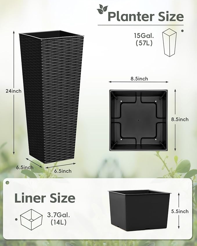Greesum Large Tall Planter for Outdoors Plants, Set of 2, 24" Tall Plastic Flower Pots, Tapered Porch Planter with Drainage Holes for Patio, Backyard, Black