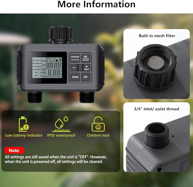Uzoli SGW07 Sprinkler Timer, Water Timer for Garden Hose, Programmable Hose Timer 2 Outlet with Rain Delay, Manual, Auto System Controller, IP55 Waterproof Drip Irrigation Timer for Yard, Lawn, Pool