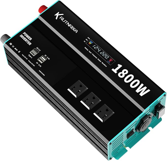 Power Inverters 12V DC to 110V AC Converter for Vehicles USB-C/PD 25W Fast Charging Ports Car Charger Adapter with a Cigarette Lighter Ports Plug Outlet (Modified sine wave-1800W)