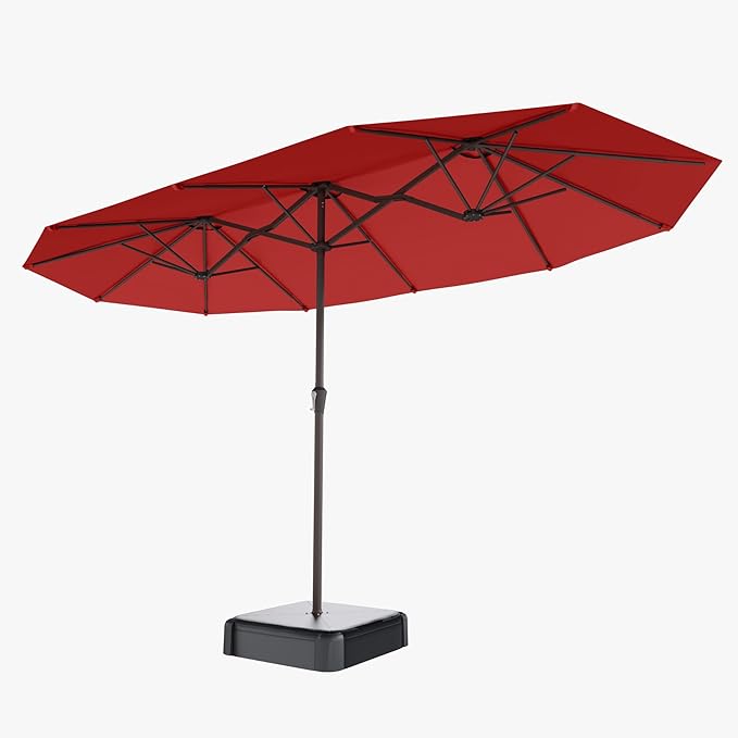 15FT Double Sided Patio Umbrella with Base Included Large Outdoor Market Umbrella with Crank Handle, UV Resistant Canopy, Sturdy Frame for Garden, Poolside, Deck, Red