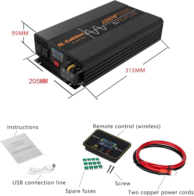 2000W Pure Sine Wave Power Inverter 12V DC to 120V AC 60HZ with LCD Display, USB Port, Wireless Remote Control(10M), Solar, Outdoor