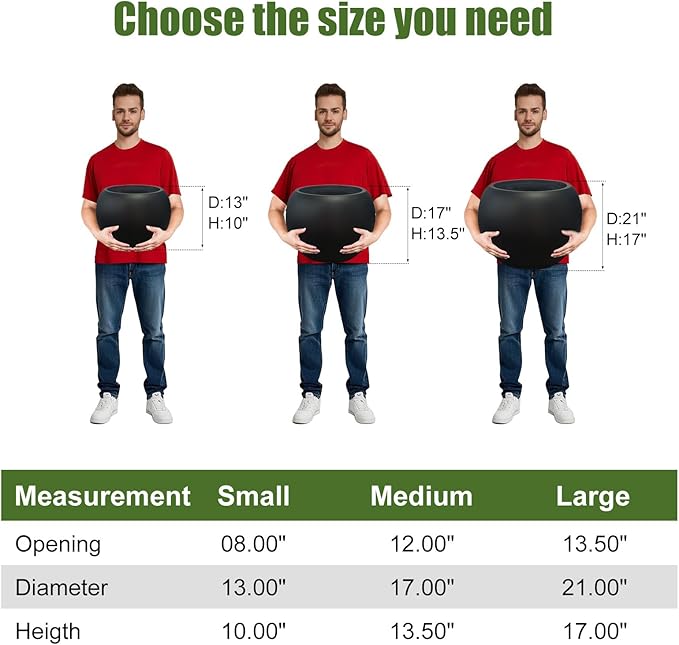 13.5 H x 17" Dia (12" Pot Opening) Round Fiberstone Planter with Drainage Hole, Black, Indoor/Outdoor Large Plant Pot for Home Patio Garden, Ideal for Large Plants