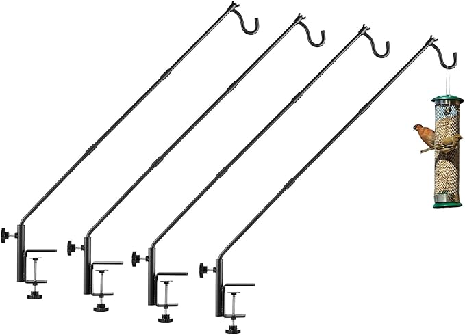 4 Pack Heavy Duty Fence Deck Hook 31 Inch for Bird Feeder-Extended-Adjustable-360 Degree Rotary-Solid Rod Plant Bracket Hanging Hooks for Planters, Suet Baskets, Lanterns, Wind Chime,Unassembled