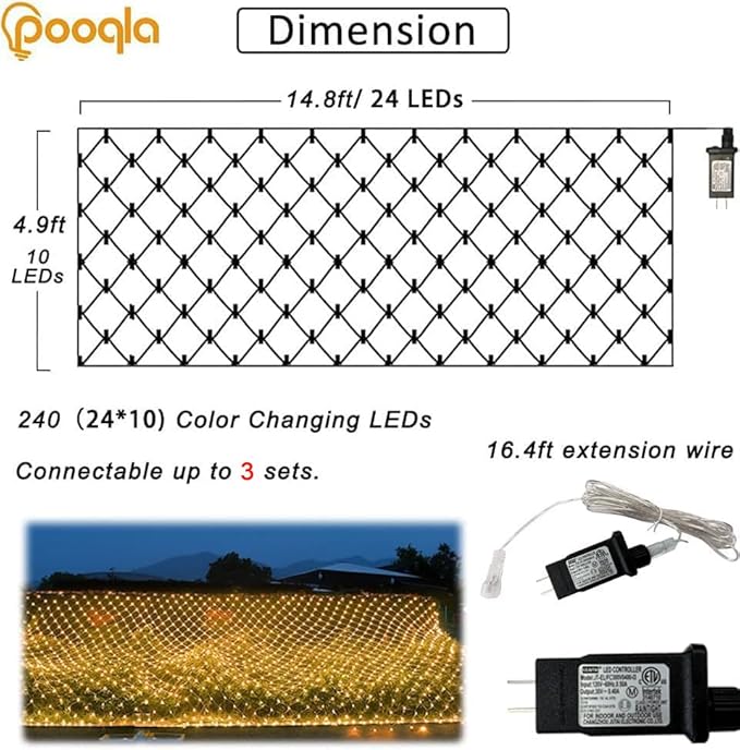 Color Changing Net Lights, 34 Colors Christmas Outdoor Mesh Lights with Remote, 14.8x4.9 ft 240 LED RGB Halloween Net Light Connectable Plug in Waterproof for Bush Thanksgiving Christmas Decoration