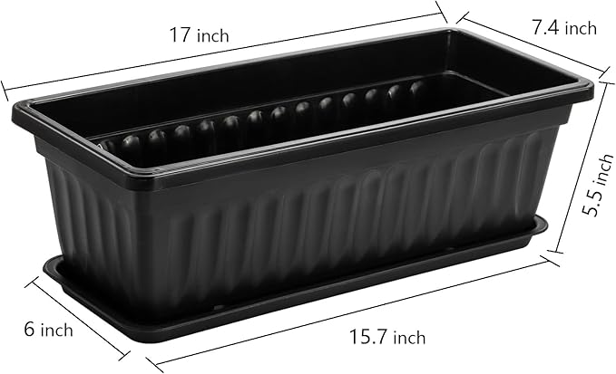 Fasmov 7 Pack 17 Inches Flower Window Box Plastic Vegetable Planters with Trays Vegetables Growing Container Garden Flower Plant Pot with 7 Pcs Plant Labels for Balcony, Patio, Garden, Black