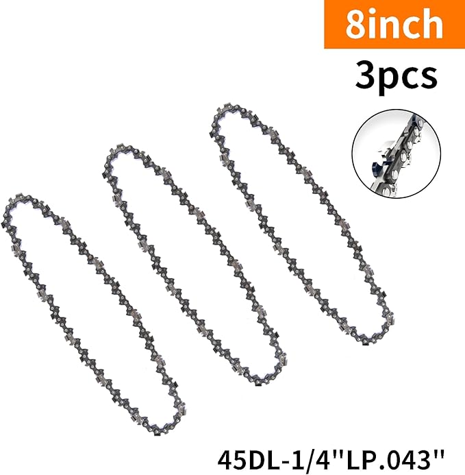 3Pcs 8 Inch Mini Chainsaw Chain, 8 Inch 1/4" LP Pitch .043" Gauge 45 Drive Links, Replacement Chains for Portable Mini Chainsaw, Guide Saw Chain for Chainsaws (8"-45DL-1/4"LP .043"-3pcs)