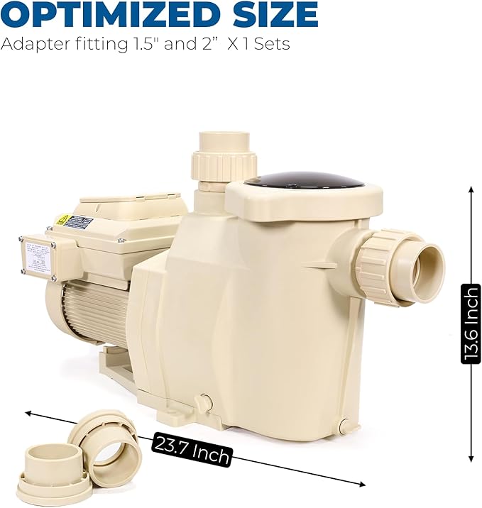 XtremepowerUS 2HP Pool Pump, Variable Speed Inground/Aboveground, Filter Energy Star Certified, 1-1/2” & 2” Pipe Adapters