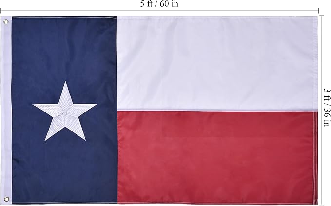 Texas State Flag 3x5 Ft, Deluxe Embroidered Premium Polyester Durable TX Flag with Sewn Stripes and Brass Grommets for Indoor/Outdoor Use