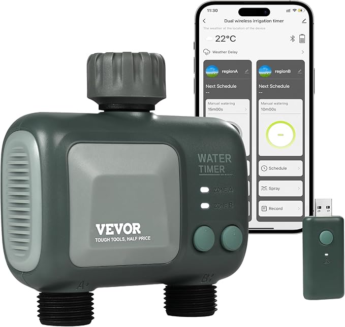 VEVOR Sprinkler Timer WiFi Water Timer, 2 Outlets, Smart Hose Faucet Water Timer with Brass Inlet, APP Remote Control via 2.4Ghz WiFi or Bluetooth, Voice Control, IPX6 for Garden, Yard Watering