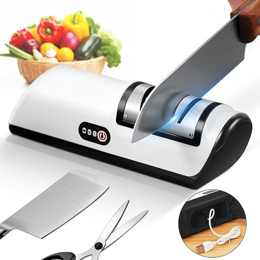 Rechargeable Electric Knife Sharpener, Compact Cordless Knife Sharpener with Diamonds for Steel Knives and Fruit Knife, 2 Stage Automatic Knife Sharpening Helps Restore & Polish Blades Quickly