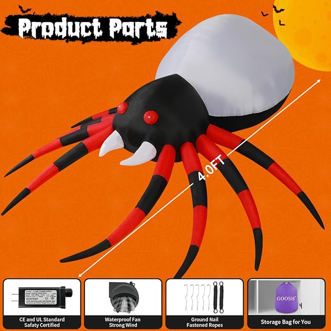 GOOSH 5 FT Halloween Inflatable Spider Outdoor Decoration with Magic Light Blow Up Yard Spider Inflatables Holiday Inflatables for Outdoor Yard Garden Lawn Decor