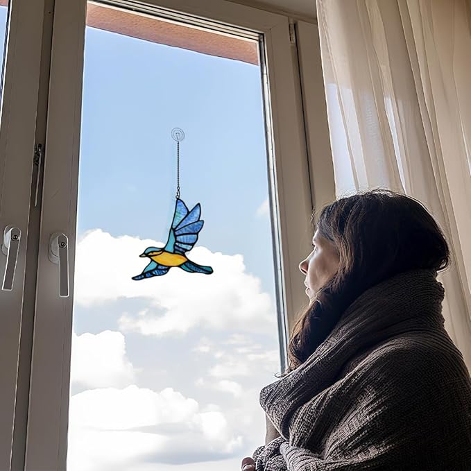 BOXCASA Blue Birds Decor Stained Glass Suncathers for Window,Stained Glass Bird Window Hanging,Birds Gifts for Bird Lovers,Birthday Gift for Women Mom Grandma
