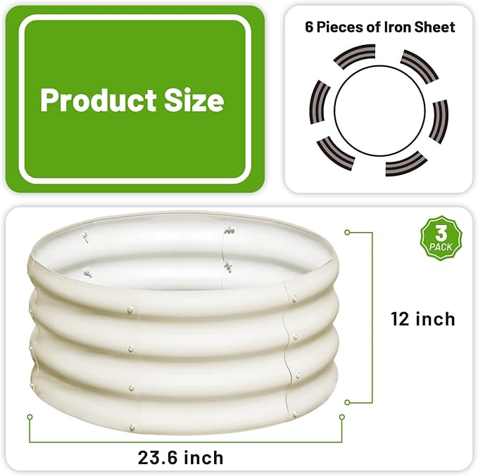 SnugNiture 3 Pcs 2x2x1ft Round Galvanized Raised Garden Bed Kit Outdoor, Metal Planter Box for Planting Plants Vegetables, White