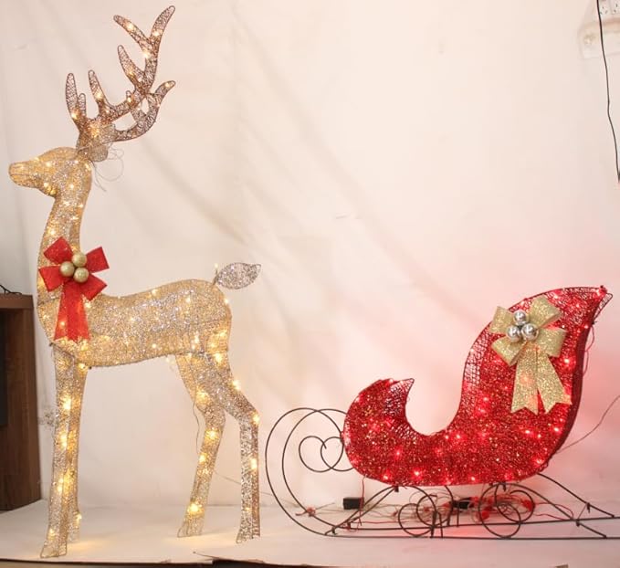 54”Christmas Deer Sleigh Set Outdoor Indoor Decoration 3D Lighted Reindeer Red Sleigh Holiday Display Christmas Tree Decorations Lighted up Santa Sleigh Porch/Lawn/Yard/Garden Addition