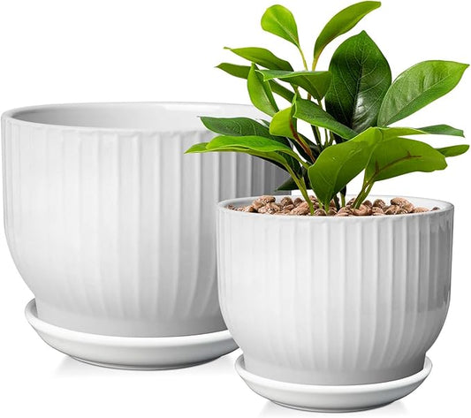 6.7 + 5.5 Inch Plant Pot, Ceramic Planter with Drainage and Saucer, Ceramic Pots for Plants, Indoor Plant pots,Ceramic Flower pots(Pure White, Plants NOT Included)