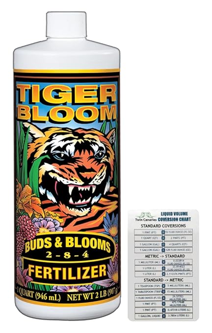 Tiger Bloom Liquid Fertilizer - 1 Quart Bottle (1 Pack) + Twin Canaries Chart