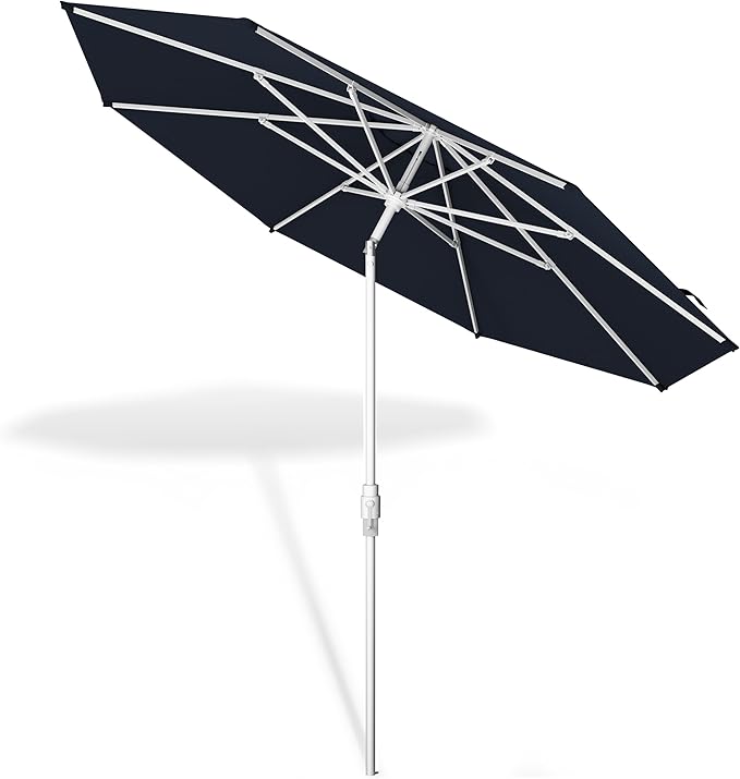 Midtown Umbrellas The Swilt 9 Feet Patio Umbrella in Sunbrella Canvas Navy Acrylic Fabric - Fiberglass Ribs, Auto-Tilt Aluminum Frame For Backyard, Deck, Garden, Pool - White Pole