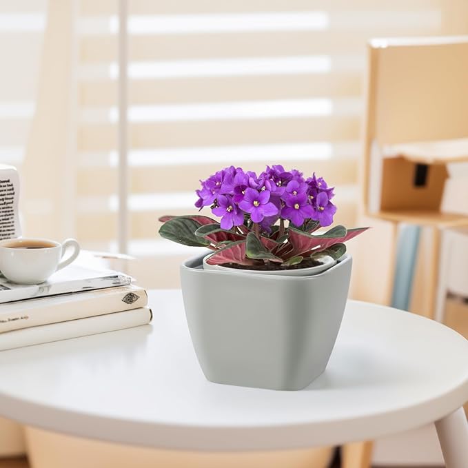6 Inch Self Watering Pots for Indoor Plants,African Violet Pots, Easy Plant Self Watering Planter, Ceramic Plant Pot with Absorbent Inner Pot for Flowers,Indoor Flower Pots-Grey