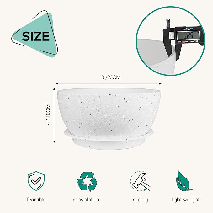 8 inch Plant Pots Pack of 2, Plastic Planter with Drainage Holes and Saucers, Plant pots for Indoor Outdoor Use, Flower Pots for All House Plants (Speckled White)