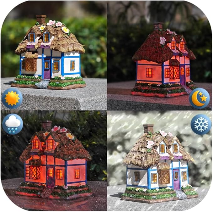 Resin Rustic Fairy Cottage Statues - M-Shaped Thatched Roof Garden Outdoor Decor with Solar Lights, Birthday Gifts for Women Mom Yard Decorations, Gardening Gifts for Patio, Balcony, Porch