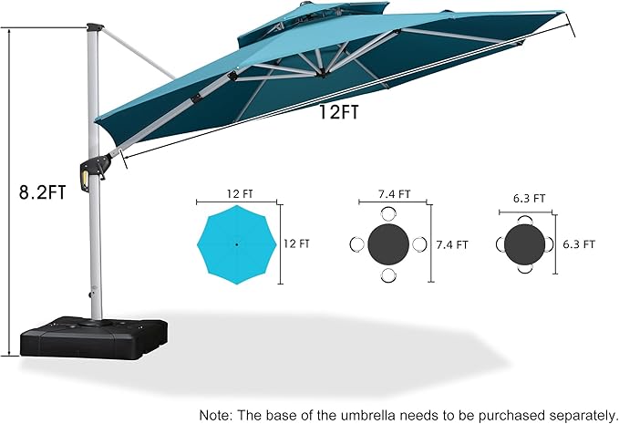 PURPLE LEAF 12 Feet Double Top Round Deluxe Patio Umbrella Offset Hanging Umbrella Outdoor Market Umbrella Garden Umbrella, Turquoise Blue