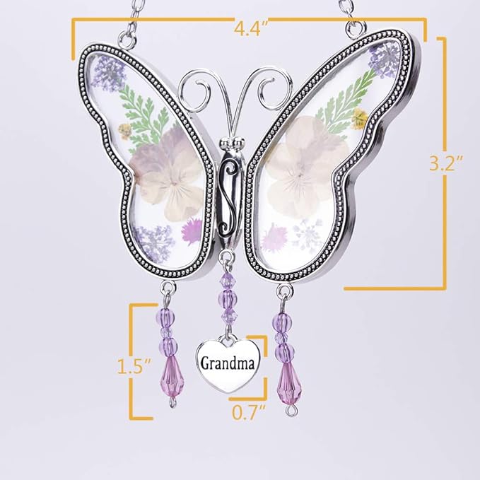 Laraine Butterfly Suncatcher with Pressed Colourful Flower Wings Mom Mother's Day Butterfly Glass Wind Chime Ornament Charm with Metal Heart Gifts for Mom Grandma Birthday (Yellow Grandma)