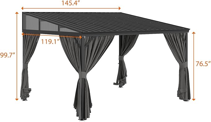 MOUMON 10x12Ft Hardtop Gazebo, Aluminum Frame Wall Mount Outdoor Gazebo with Netting & Curtains, Sloping Galvanized Iron Roof, Sun Shade Pergola Canopy for Patio Garden Backyard, Black Grey