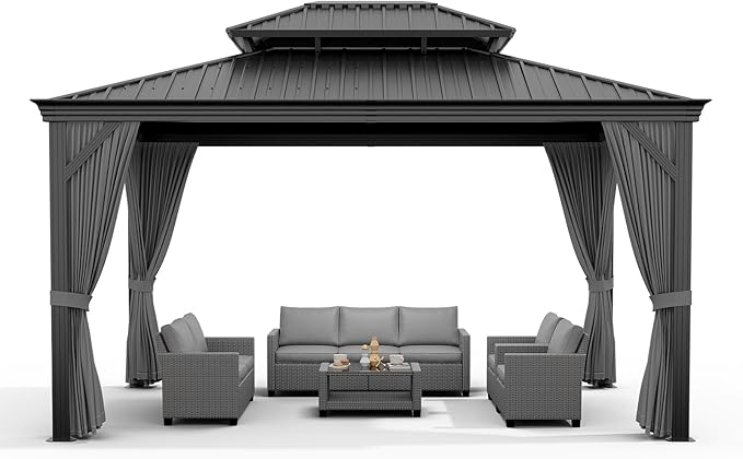 Outdoor Hardtop Gazebos 10 x 12 ft Permanent with High Strength Aluminum Frame, Double-Roof, Pavilion with Curtain and Netting for Patio, Lawn, Deck, Garden (Darkgrey, 10x12 ft)