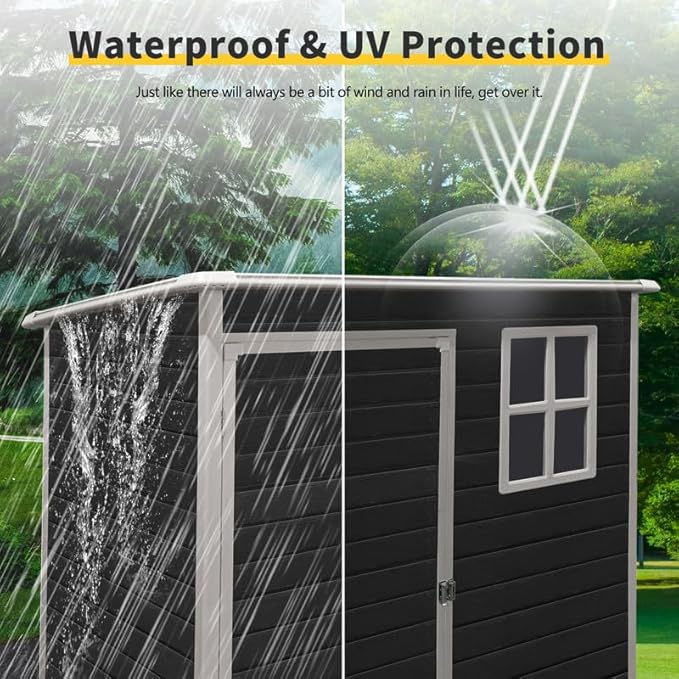 5x3 FT Resin Outdoor Storage Shed with Floor, Waterproof Heavy-Duty Plastic Garden Sheds w/Window and Lockable Door, Outside Tool Shed for Backyard, Patio, Lawn, Bike, Toys, Black