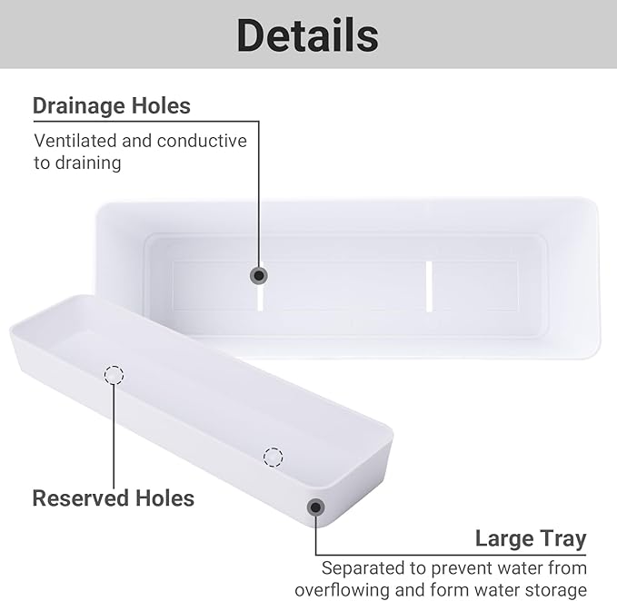GREANER Flower Boxes, 3 Pack 12x3.8 Inch Rectangle Window Boxes, Herb Planters with Tray, Indoor Succulent Cactus Flowers Plastic Drawable Pot for Windowsill, Garden, Balcony, Office Outdoor (White)