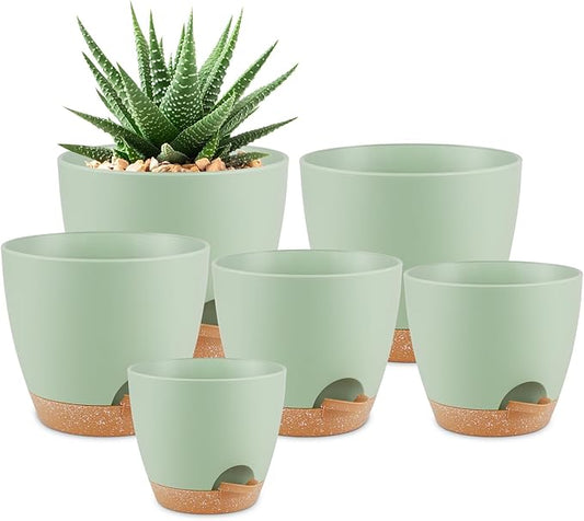 Plant Pots 8/7/6.5/6/5.5/5 Inch Self Watering Pots, Set of 6 Plastic Planters with Drainage Holes and Saucers,Plastic Flower Pots,Nursery Planting Pot for Indoor Out Door Plants(Green)