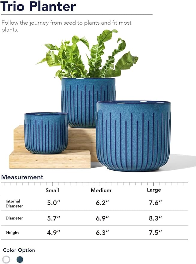 LE TAUCI Ceramic Pots for Plants, 8.3+6.9+5.7 inch Plant Pots Indoor, Flower Pots with Drainage Holes, Medium Cylinder Planters Pot for Indoor House Plants, Set of 3, Glaze Ocean Blue
