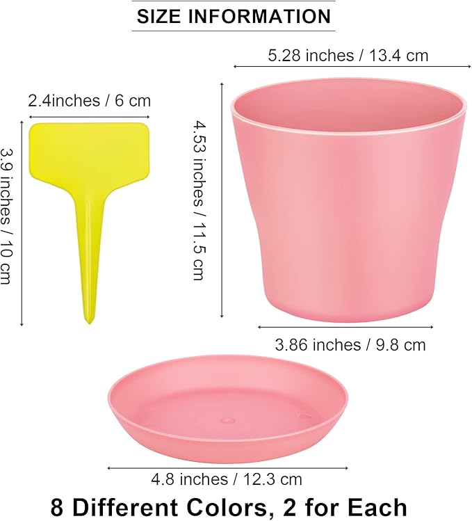 16 Pack 5.5 Inch Plastic Planters Assorted Flower Plant Pots Seedling Nursery Pots with Tray, Outdoor Indoor Plants for Seedling, Transplanting, Cutting, 8 Colors