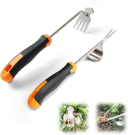 Weed Puller Tool Set with Ergonomics Rubber Anti-Slip Handle - 2 PCS Thickened Steel Hand Weeding Tool, Uprooting Gardening Weeder Tool for Garden, Farm, Corner, and Crevice - Orange