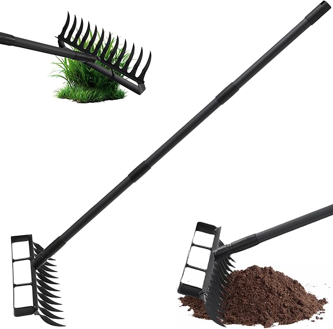 Stirrup Hula Garden Hoe with 12 Tines Rake, 2 in 1 Yard Weed Puller Gardening Weeding Tools, Garden Tiller Cultivator with 76" Adjustable Handle for Garden Weeding,Seeding,Ditching,Loosening Soil