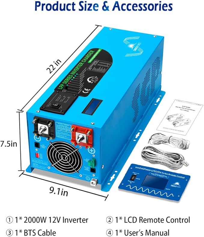 2000W DC 12V Peak 6000W Pure Sine Wave Inverter Charger Upgrade, AC 120V with 70A Battery AC Charger LCD Display Remote Control, Low Frequency Inverter, for RV, Camper, Home