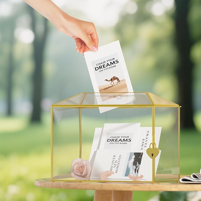Wedding Card Box with Slot and Lock for Wedding Reception - Birthdays Party Card Holder, Home Geometric Decorative, Clear Gold Terrarium (Gold) 10.2" x 5.9" x 7.9"