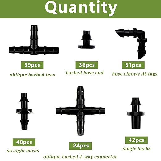 Dianrui 220 PCS Drip Irrigation Kit, Drip Irrigation Parts 1/4'' Tubing Fittings Kit for Garden Lawn Flower Sprinkler Systems-End Plug/ 4-Way Connector/Single barbs/Straight Barbs/Oblique Barbed Tees
