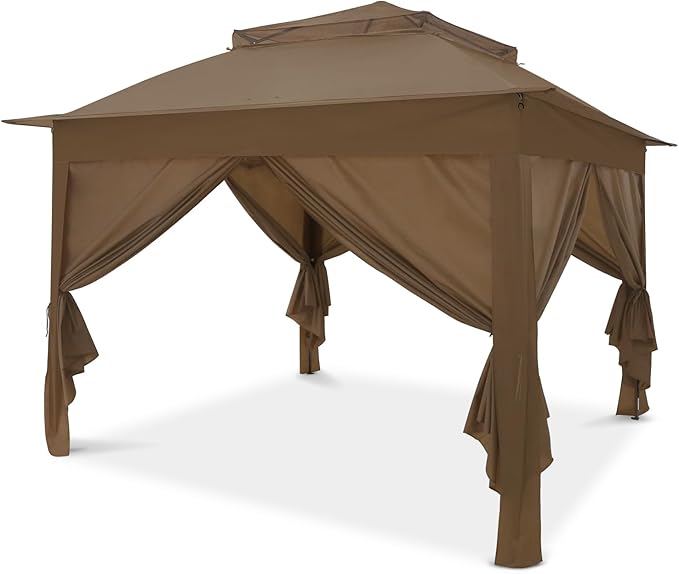 COOS BAY 11x11 Pop-up Instant Gazebo Tent with 4 Sidewalls Outdoor Canopy Shelter with Carry Bag, Stakes and Ropes, Brown