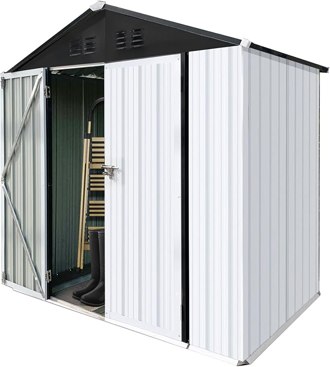 6 x 4 FT Metal Outdoor Storage Shed & Double Hinged Large Door - Heavy-Duty Shed with Floor, Lockable & Ventilation - Rainproof Windproof Large Utility Garden Shed for Backyard Patio Lawn - White