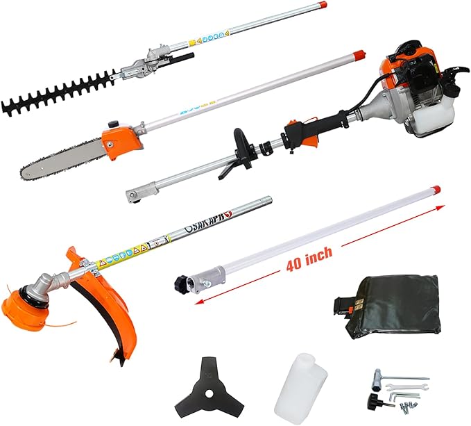 56cc 2-Cycle Gas Multi-Trimmer | 5-in-1 String Trimmer w/Rotatable 40” Pole Saw, Weed Eater Weed Wacker, Brush Cutter & Hedge Trimmer Gas for Lawn, Yard, Garden Care, All-in-one Garden Tool