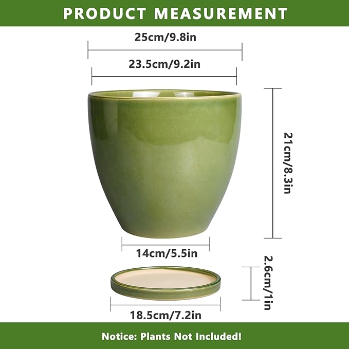 Ceramic Pots for Plants - 10 Inch Planter for Indoor Ourdoor Plants Modern Large Flower Pot with Drainage Hole and Saucer Room Home Office Garden Patio Porch Decor Green