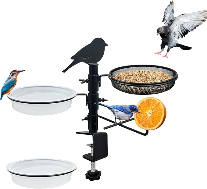 Deck Railing Bird Feeder for Balcony with Platform Metal Mesh Tray,2 Bird Bath Water Bowls and Fruit Station,Deck Rail Mounted Birds Feeder for Outside Wild Birds&Squirrel