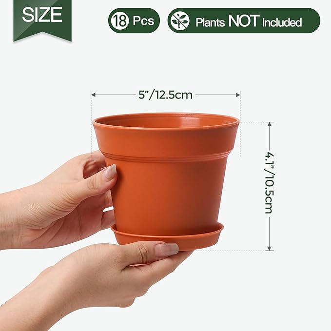 T4U 5 Inch Plastic Planters 18-Pack Small Plant Pot with Drainage Hole and Saucer, Decorative Nursery Flower Pot Bulk for African Violet, Aloe and All House Plants Indoor (Terracotta)