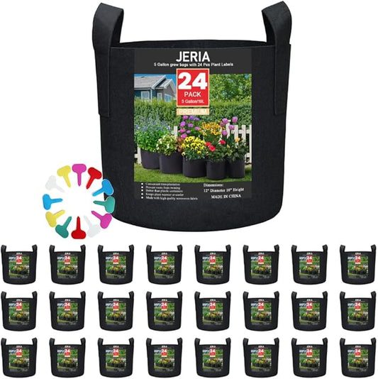 JERIA 24-Pack 5 Gallon Nonwoven Grow Bags, Plant Grow Bags,Heavy Duty Aeration Fabric Pots with Durable Handles, Come with 24 Pcs Plant Labels